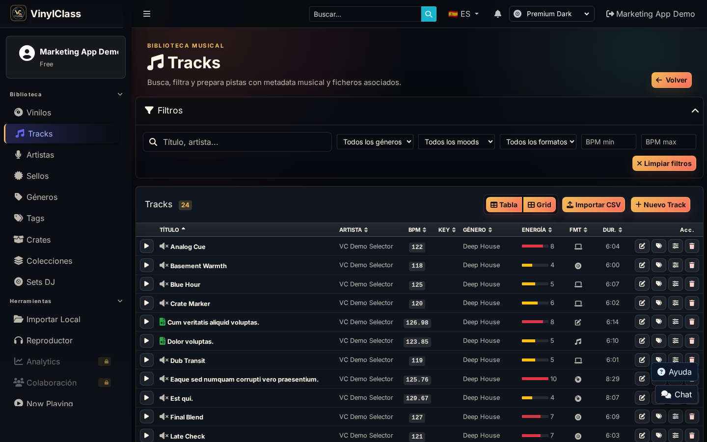 Listado de tracks en VinylClass con filtros, etiquetas y metadatos musicales