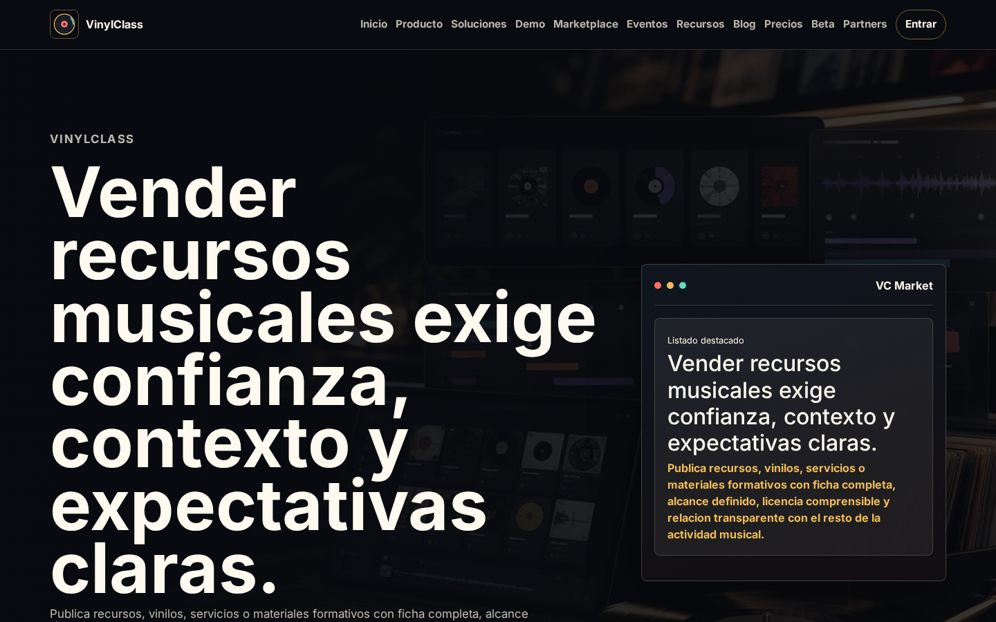 Pantalla del marketplace publico de VinylClass
