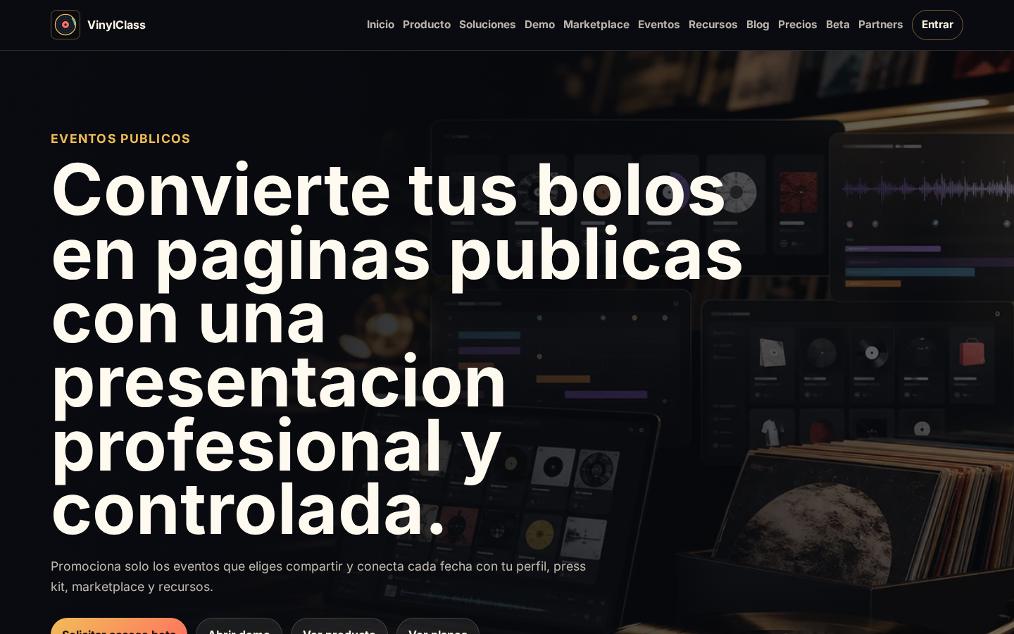 Evento público en VinylClass con publicación controlada y datos privados protegidos