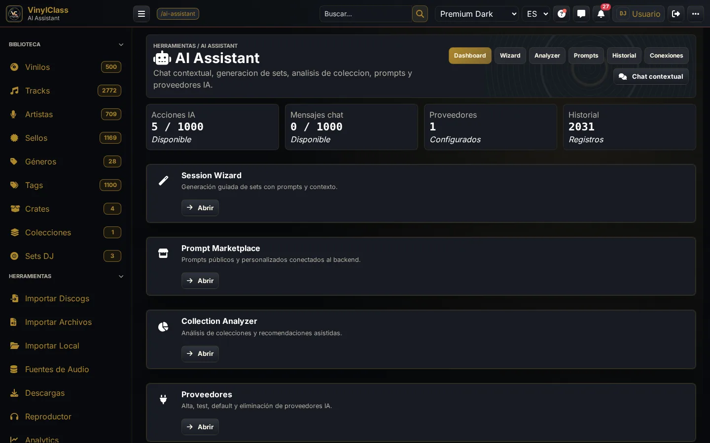 AI Assistant de VinylClass Premium Dark mostrando limites, proveedores e historial IA