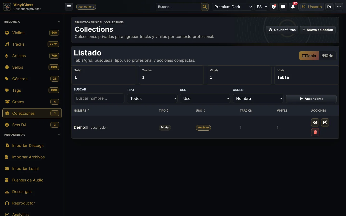 Colecciones en VinylClass Premium Dark con publicación controlada y datos privados protegidos