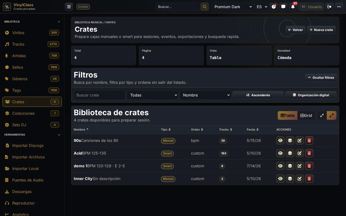 Crates de VinylClass Premium Dark organizados por contexto musical y preparación DJ