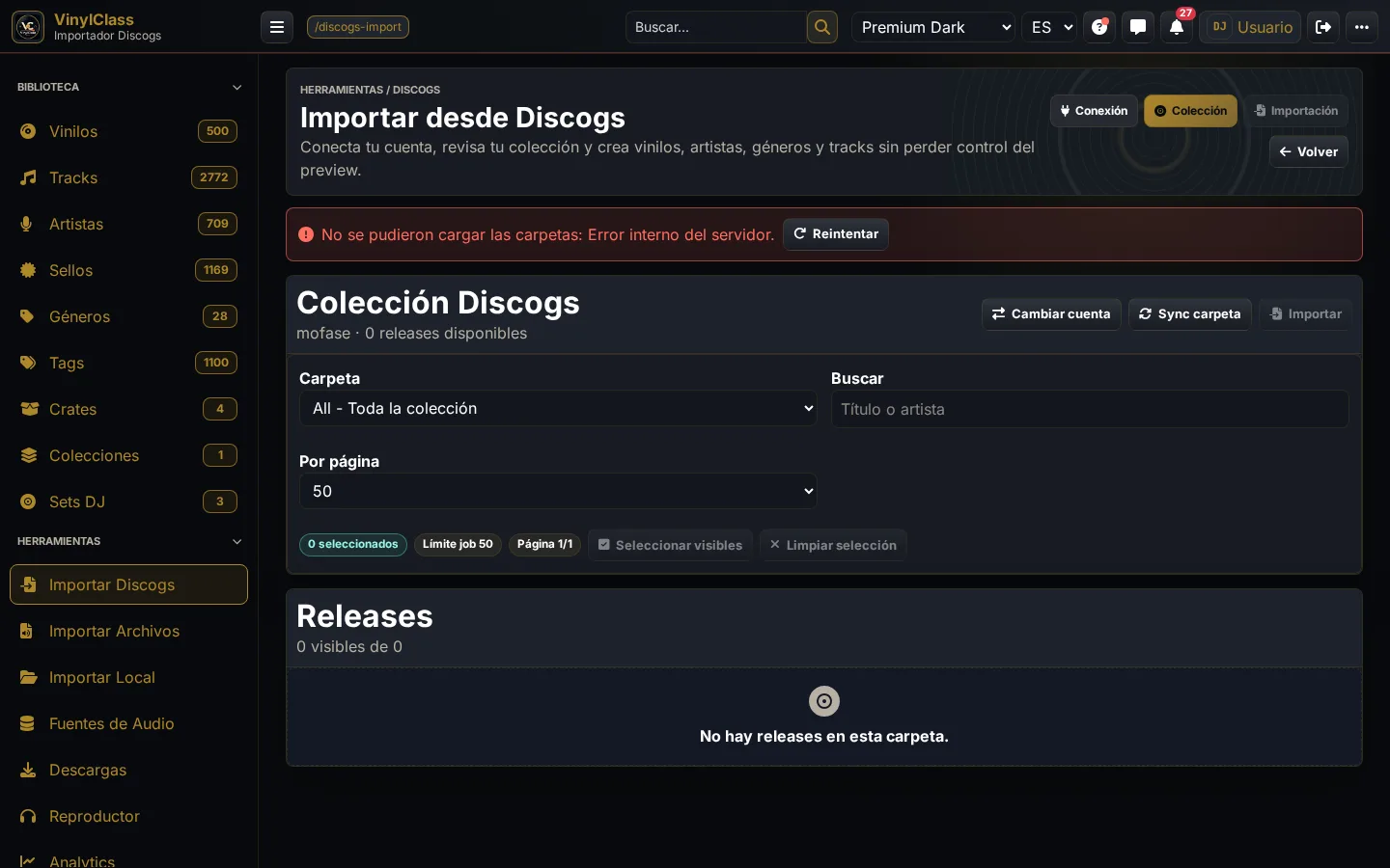Importador Discogs de VinylClass Premium Dark con busqueda de releases y estado de conexion