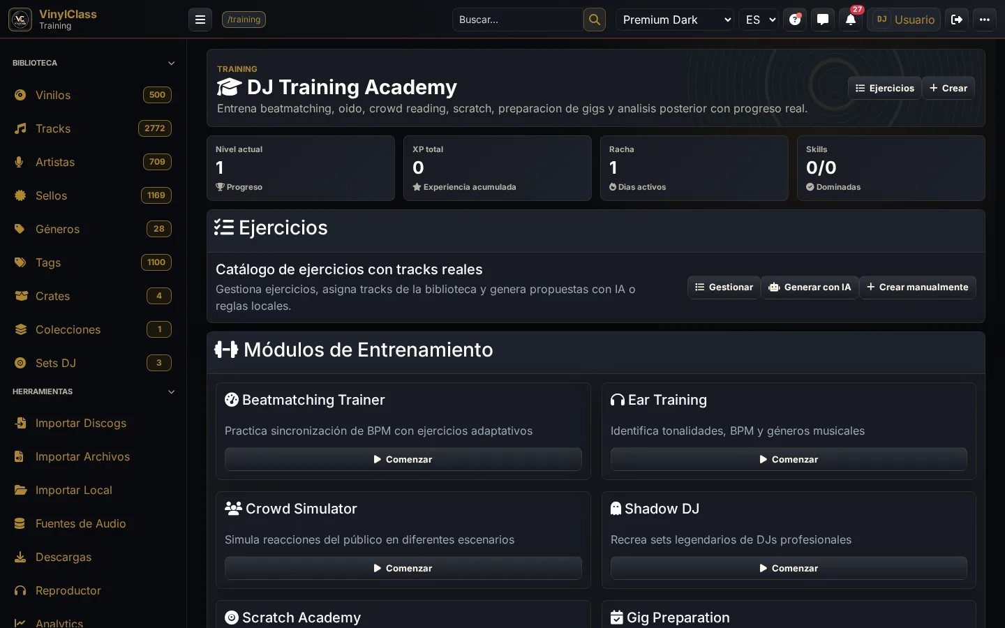 DJ Training Academy de VinylClass Premium Dark con ejercicios y progreso